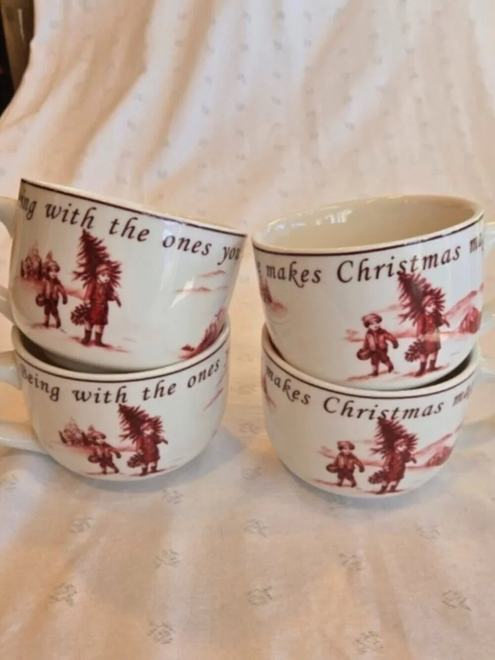 Set of 4 Holiday White Ceramic Mugs with Red Christmas Graphic